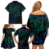 Filipino Sun Tribal Tattoo Family Matching Off Shoulder Short Dress and Hawaiian Shirt Philippines Inspired Barong Blue Art LT9 - Wonder Print Shop