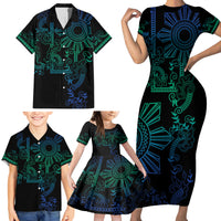 Filipino Sun Tribal Tattoo Family Matching Short Sleeve Bodycon Dress and Hawaiian Shirt Philippines Inspired Barong Blue Art - Wonder Print Shop