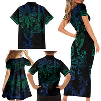 Filipino Sun Tribal Tattoo Family Matching Short Sleeve Bodycon Dress and Hawaiian Shirt Philippines Inspired Barong Blue Art - Wonder Print Shop