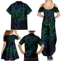 Filipino Sun Tribal Tattoo Family Matching Summer Maxi Dress and Hawaiian Shirt Philippines Inspired Barong Blue Art - Wonder Print Shop