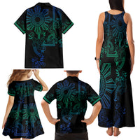 Filipino Sun Tribal Tattoo Family Matching Tank Maxi Dress and Hawaiian Shirt Philippines Inspired Barong Blue Art - Wonder Print Shop
