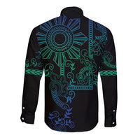 Filipino Sun Tribal Tattoo Long Sleeve Button Shirt Philippines Inspired Barong Blue Art - Wonder Print Shop