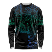 Filipino Sun Tribal Tattoo Long Sleeve Shirt Philippines Inspired Barong Blue Art - Wonder Print Shop