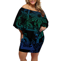 Filipino Sun Tribal Tattoo Off Shoulder Short Dress Philippines Inspired Barong Blue Art - Wonder Print Shop