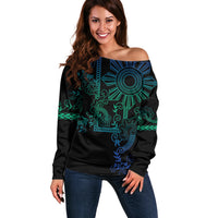 Filipino Sun Tribal Tattoo Off Shoulder Sweater Philippines Inspired Barong Blue Art - Wonder Print Shop