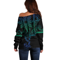 Filipino Sun Tribal Tattoo Off Shoulder Sweater Philippines Inspired Barong Blue Art - Wonder Print Shop