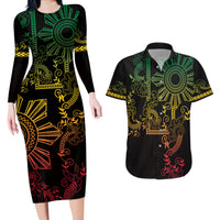 Filipino Sun Tribal Tattoo Couples Matching Long Sleeve Bodycon Dress and Hawaiian Shirt Philippines Inspired Barong Reggae Art LT9 - Wonder Print Shop