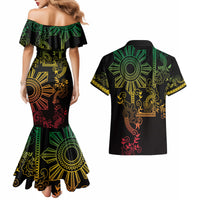 Filipino Sun Tribal Tattoo Couples Matching Mermaid Dress and Hawaiian Shirt Philippines Inspired Barong Reggae Art LT9 - Wonder Print Shop