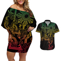 Filipino Sun Tribal Tattoo Couples Matching Off Shoulder Short Dress and Hawaiian Shirt Philippines Inspired Barong Reggae Art LT9 - Wonder Print Shop