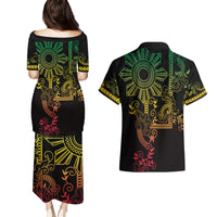 Filipino Sun Tribal Tattoo Couples Matching Puletasi and Hawaiian Shirt Philippines Inspired Barong Reggae Art LT9 - Wonder Print Shop