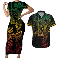 Filipino Sun Tribal Tattoo Couples Matching Short Sleeve Bodycon Dress and Hawaiian Shirt Philippines Inspired Barong Reggae Art LT9 - Wonder Print Shop