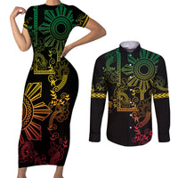 Filipino Sun Tribal Tattoo Couples Matching Short Sleeve Bodycon Dress and Long Sleeve Button Shirt Philippines Inspired Barong Reggae Art LT9 - Wonder Print Shop