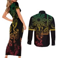 Filipino Sun Tribal Tattoo Couples Matching Short Sleeve Bodycon Dress and Long Sleeve Button Shirt Philippines Inspired Barong Reggae Art LT9 - Wonder Print Shop