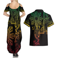 Filipino Sun Tribal Tattoo Couples Matching Summer Maxi Dress and Hawaiian Shirt Philippines Inspired Barong Reggae Art LT9 - Wonder Print Shop