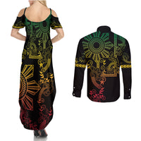 Filipino Sun Tribal Tattoo Couples Matching Summer Maxi Dress and Long Sleeve Button Shirt Philippines Inspired Barong Reggae Art LT9 - Wonder Print Shop