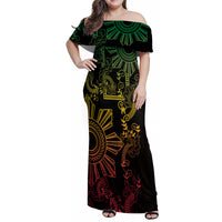 Filipino Sun Tribal Tattoo Family Matching Off Shoulder Maxi Dress and Hawaiian Shirt Philippines Inspired Barong Reggae Art LT9 - Wonder Print Shop