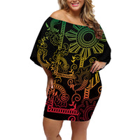 Filipino Sun Tribal Tattoo Family Matching Off Shoulder Short Dress and Hawaiian Shirt Philippines Inspired Barong Reggae Art LT9 - Wonder Print Shop