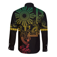 Filipino Sun Tribal Tattoo Long Sleeve Button Shirt Philippines Inspired Barong Reggae Art - Wonder Print Shop