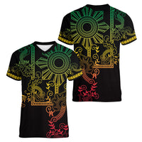 Filipino Sun Tribal Tattoo Women V-Neck T-Shirt Philippines Inspired Barong Reggae Art - Wonder Print Shop