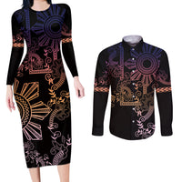 Filipino Sun Tribal Tattoo Couples Matching Long Sleeve Bodycon Dress and Long Sleeve Button Shirt Philippines Inspired Barong Pink Art LT9 - Wonder Print Shop
