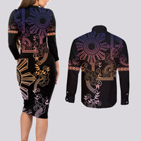 Filipino Sun Tribal Tattoo Couples Matching Long Sleeve Bodycon Dress and Long Sleeve Button Shirt Philippines Inspired Barong Pink Art LT9 - Wonder Print Shop