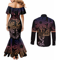 Filipino Sun Tribal Tattoo Couples Matching Mermaid Dress and Long Sleeve Button Shirt Philippines Inspired Barong Pink Art
