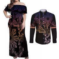 Filipino Sun Tribal Tattoo Couples Matching Off Shoulder Maxi Dress and Long Sleeve Button Shirt Philippines Inspired Barong Pink Art LT9 - Wonder Print Shop