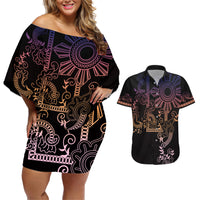 Filipino Sun Tribal Tattoo Couples Matching Off Shoulder Short Dress and Hawaiian Shirt Philippines Inspired Barong Pink Art LT9 - Wonder Print Shop