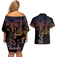 Filipino Sun Tribal Tattoo Couples Matching Off Shoulder Short Dress and Hawaiian Shirt Philippines Inspired Barong Pink Art LT9 - Wonder Print Shop