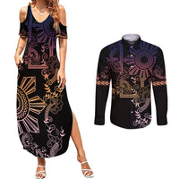 Filipino Sun Tribal Tattoo Couples Matching Summer Maxi Dress and Long Sleeve Button Shirt Philippines Inspired Barong Pink Art LT9 - Wonder Print Shop