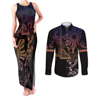 Filipino Sun Tribal Tattoo Couples Matching Tank Maxi Dress and Long Sleeve Button Shirt Philippines Inspired Barong Pink Art LT9 - Wonder Print Shop