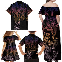 Filipino Sun Tribal Tattoo Family Matching Off Shoulder Maxi Dress and Hawaiian Shirt Philippines Inspired Barong Pink Art LT9 - Wonder Print Shop
