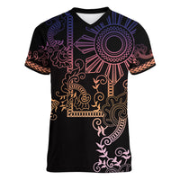 Filipino Sun Tribal Tattoo Women V-Neck T-Shirt Philippines Inspired Barong Pink Art - Wonder Print Shop