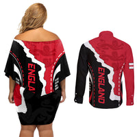 Custom England Couples Matching Off Shoulder Short Dress and Long Sleeve Button Shirts The Three Lions Football Go Champions Red LT9 - Wonder Print Shop