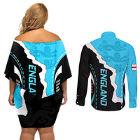 England Couples Matching Off Shoulder Short Dress and Long Sleeve Button Shirts The Three Lions Football Go Champions Blue LT9 - Wonder Print Shop