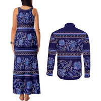 Azerbaijan Couples Matching Tank Maxi Dress and Long Sleeve Button Shirts Traditional Pattern Ornament With Flowers Buta Blue LT9 - Wonder Print Shop