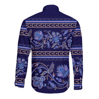 Azerbaijan Long Sleeve Button Shirt Traditional Pattern Ornament With Flowers Buta Blue - Wonder Print Shop