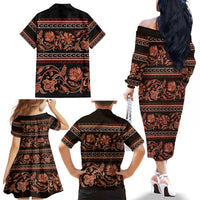 Azerbaijan Family Matching Off Shoulder Long Sleeve Dress and Hawaiian Shirt Traditional Pattern Ornament With Flowers Buta Gold - Wonder Print Shop