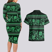 Azerbaijan Couples Matching Long Sleeve Bodycon Dress and Hawaiian Shirt Traditional Pattern Ornament With Flowers Buta Green LT9 - Wonder Print Shop