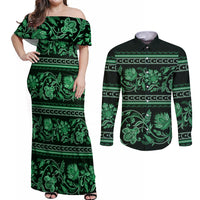 Azerbaijan Couples Matching Off Shoulder Maxi Dress and Long Sleeve Button Shirts Traditional Pattern Ornament With Flowers Buta Green LT9 - Wonder Print Shop