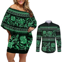 Azerbaijan Couples Matching Off Shoulder Short Dress and Long Sleeve Button Shirts Traditional Pattern Ornament With Flowers Buta Green LT9 - Wonder Print Shop