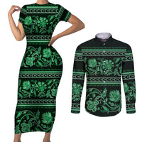 Azerbaijan Couples Matching Short Sleeve Bodycon Dress and Long Sleeve Button Shirts Traditional Pattern Ornament With Flowers Buta Green LT9 - Wonder Print Shop