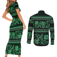 Azerbaijan Couples Matching Short Sleeve Bodycon Dress and Long Sleeve Button Shirts Traditional Pattern Ornament With Flowers Buta Green LT9 - Wonder Print Shop