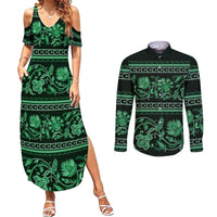 Azerbaijan Couples Matching Summer Maxi Dress and Long Sleeve Button Shirts Traditional Pattern Ornament With Flowers Buta Green LT9 - Wonder Print Shop