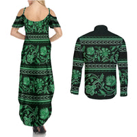 Azerbaijan Couples Matching Summer Maxi Dress and Long Sleeve Button Shirts Traditional Pattern Ornament With Flowers Buta Green LT9 - Wonder Print Shop