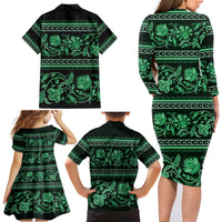 Azerbaijan Family Matching Long Sleeve Bodycon Dress and Hawaiian Shirt Traditional Pattern Ornament With Flowers Buta Green LT9 - Wonder Print Shop
