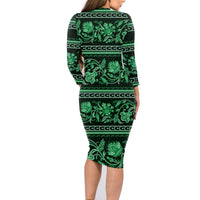 Azerbaijan Family Matching Long Sleeve Bodycon Dress and Hawaiian Shirt Traditional Pattern Ornament With Flowers Buta Green LT9 - Wonder Print Shop