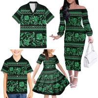 Azerbaijan Family Matching Off Shoulder Long Sleeve Dress and Hawaiian Shirt Traditional Pattern Ornament With Flowers Buta Green - Wonder Print Shop