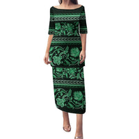 Azerbaijan Family Matching Puletasi Dress and Hawaiian Shirt Traditional Pattern Ornament With Flowers Buta Green - Wonder Print Shop