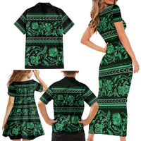Azerbaijan Family Matching Short Sleeve Bodycon Dress and Hawaiian Shirt Traditional Pattern Ornament With Flowers Buta Green - Wonder Print Shop